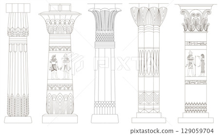 Set of outline ancient Egyptian columns Set of outline ancient Egyptian columns 129059704
