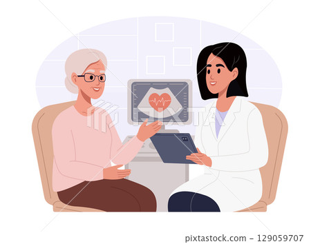 Cardiologist consultation. Doctor talking to elderly woman. Doctor explaining ultrasound or echocardiogram results to woman using digital tablet. Vector illustration in flat style. 129059707