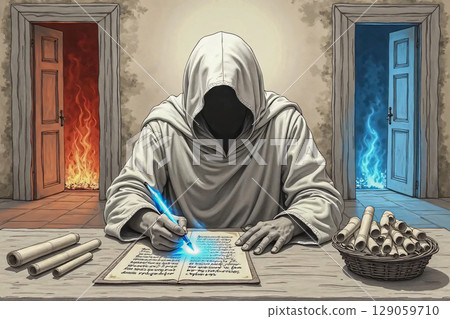 Reception room of the heavenly office. A faceless, hooded figure sits at a wooden table, filling out scrolls. Religious themes in the Supreme Court's decision-making. 129059710