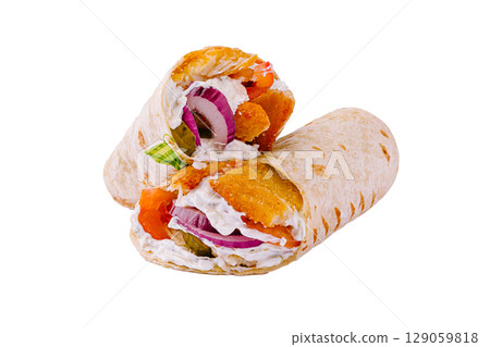 Delicious wraps filled with fresh vegetables and crispy elements at a food stall Delicious wraps filled with fresh vegetables and crispy elements at a food stall 129059818