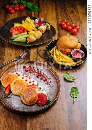 Cozy spot with tasty burgers, skewers, and gourmet pancakes Cozy spot with tasty burgers, skewers, and gourmet pancakes 129059885