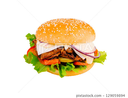 Delicious sesame seed bun filled with fresh vegetables and grilled meat Delicious sesame seed bun filled with fresh vegetables and grilled meat 129059894