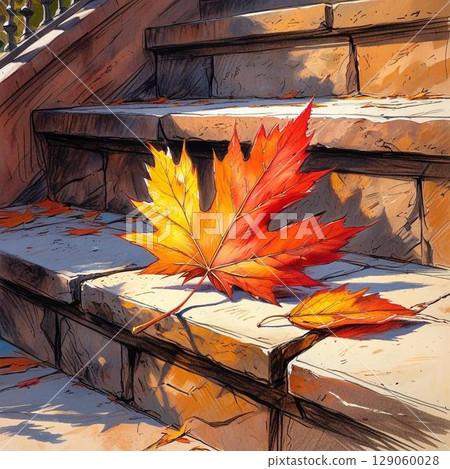 Autumn leaves falling on the stairs 129060028