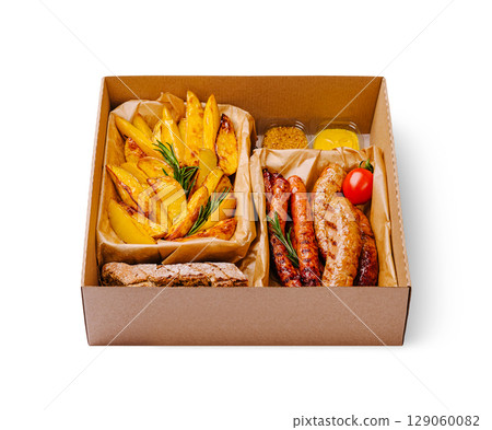 Delicious assortment of sausages and crispy potatoes in a takeout box 129060082