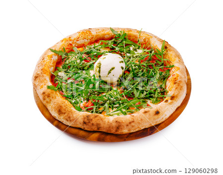 Enjoying a fresh vegetarian pizza topped with herbs and mozzarella cheese Enjoying a fresh vegetarian pizza topped with herbs and mozzarella cheese 129060298