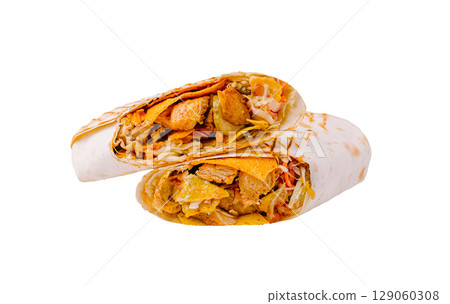 Delicious wrap filled with savory ingredients and colorful toppings Delicious wrap filled with savory ingredients and colorful toppings 129060308