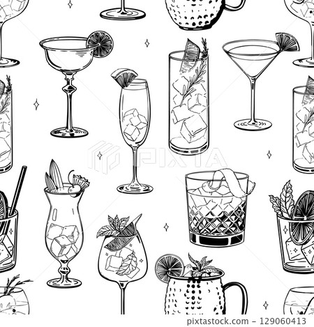 Seamless pattern of hand drawn cocktail glasses with ice citrus garnishes and herbs in vintage sketch style black and white alcoholic drinks background for bar menu wrapping or textile design Seamless pattern of hand drawn cocktail glasses with ice citrus garnishes and herbs in vintage sketch style black and white alcoholic drinks background for bar menu wrapping or textile design 129060413