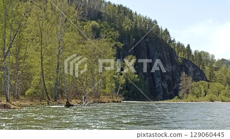 Idyllic River Landscape with Lush Green Forest and Rocky Cliff in Summer Season Day Light 129060445