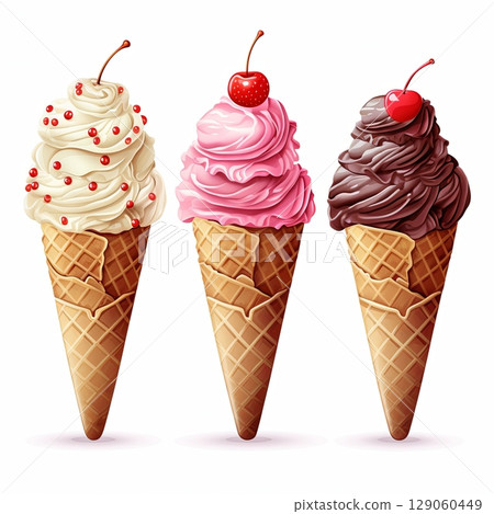 Delicious Ice Cream Cones with Cherry Toppings Vanilla, Strawberry, and Chocolate Flavors, Isolated Delicious Ice Cream Cones with Cherry Toppings Vanilla, Strawberry, and Chocolate Flavors, Isolated 129060449