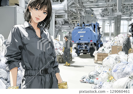 Illustration of a young female worker sorting recyclable waste at a recycling center (indoors, smiling, work clothes) 129060461