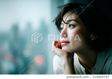 Portrait of a woman lost in thought by the window | Cityscape and an ennui expression 1 129060597