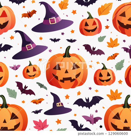 Halloween Pattern with Pumpkins, Bats, Witch Hats and Candies on white background 129060600