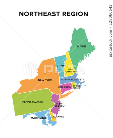 Northeast region of the United States, multi colored map. Also known as the Northeast, the East Coast, or the American Northeast. Geographic region of the USA, consisting of 11 contiguous states. Northeast region of the United States, multi colored map. Also known as the Northeast, the East Coast, or the American Northeast. Geographic region of the USA, consisting of 11 contiguous states. 129060642