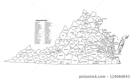 State of Virginia, subdivided into 95 counties and 38 independent cities, outline map. Officially Commonwealth of Virginia, a state in the Southeastern and Mid-Atlantic regions of the United States. 129060643