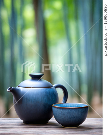 Chinese teacups and teapots in the bamboo forest 129060650
