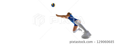 Diving volleyball player attempts to save ball on white background. Banner Diving volleyball player attempts to save ball on white background. Banner 129060685