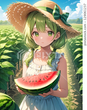 Summer farm and woman in straw hat 129061237
