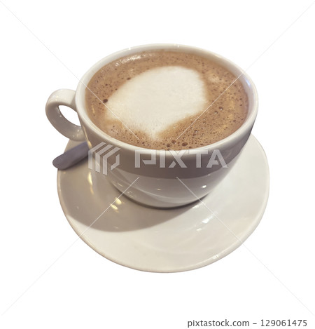 Cup of hot drink Cappuccino or coffee with whipped cream or milk, side view of white cup, saucer and spoon isolated cutout object clipping path, soft focus Cup of hot drink Cappuccino or coffee with whipped cream or milk, side view of white cup, saucer and spoon isolated cutout object clipping path, soft focus 129061475