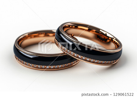 Pair of white gold wedding rings on a white background. Original style. 129061522