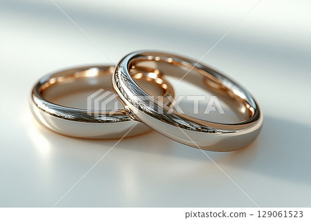 Pair of white gold wedding rings on a white background. 129061523