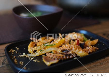 shrimp with ice, rotation in circle. fish background. cooked seafood shrimp with ice, rotation in circle. fish background. cooked seafood 129061633