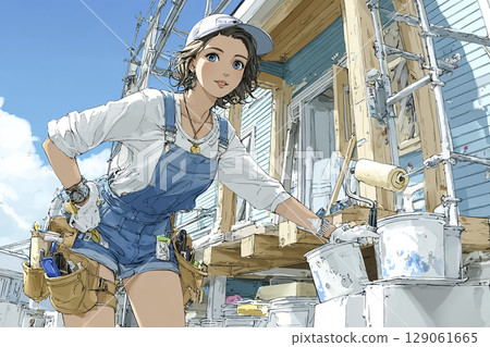年輕女工粉刷外牆的插畫素材（裝潢、建築工地、戶外工作、晴朗天氣） 129061665
