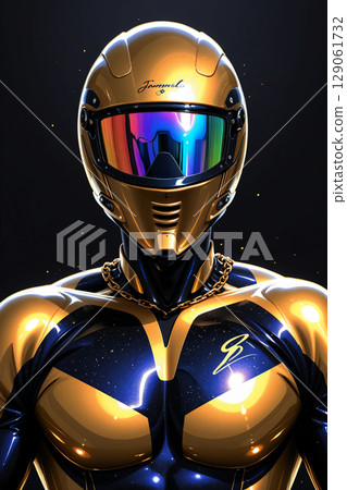 Golden racing suit. A futuristic racing suit in gold and black with a smooth, glossy finish. 129061732