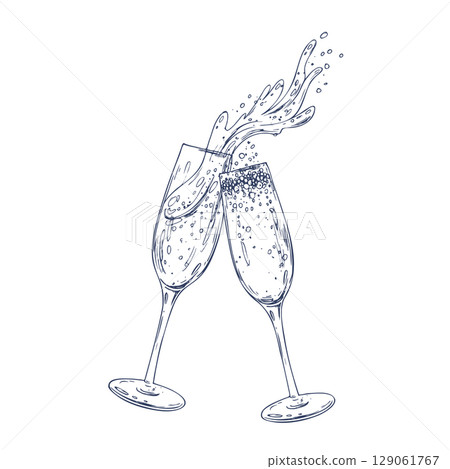 Hand drawn line art graphic illustration of two champagne glasses clinking with festive glitter and splashes, symbolizing New Year s Eve celebrations, holiday joy and elegant winter parties. 129061767