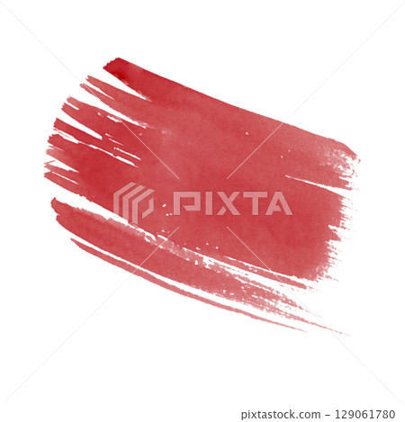 Expressive red brush stroke created as a hand-painted watercolor illustration. Artistic textured element perfect for highlights, backgrounds, and compositions. 129061780