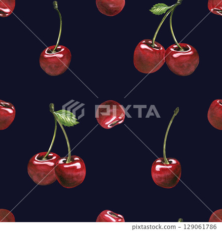 Seamless pattern hand-painted watercolor illustration of scattered cherries on dark navy background. A timeless and juicy pattern for elegant product design. Seamless pattern hand-painted watercolor illustration of scattered cherries on dark navy background. A timeless and juicy pattern for elegant product design. 129061786