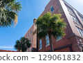 Historic brick building with palm trees under a bright blue sky.  129061832