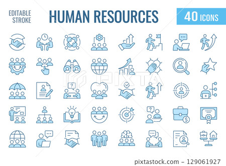 Human resources icons, such as recruitment, teamwork, employee management, job and more. Vector illustration isolated on white. Editable stroke. Change to any size and any color. 129061927