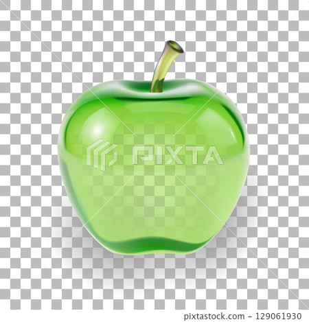 Green apple illustration. Shiny fruit diet fresh healthy. Nutrition wellness fitness food web design. Glossy transparent background vector 129061930