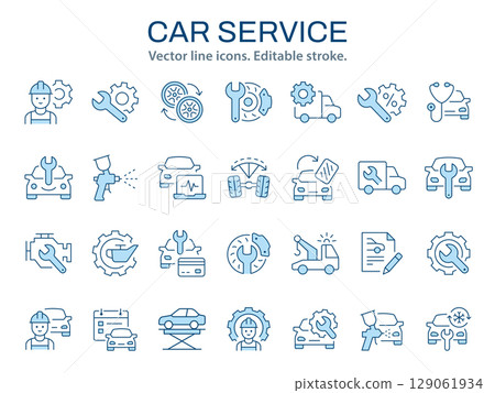 Auto service icons, such as car maintenance, diagnostics, auto mechanic and more. Vector illustration. Editable stroke. Change to any size and any color. 129061934