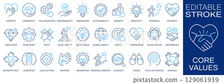 Core values icons, such as trust, handshake, goal, mission, strategic and more. Editable stroke. Change to any size and any color. Core values icons, such as trust, handshake, goal, mission, strategic and more. Editable stroke. Change to any size and any color. 129061939