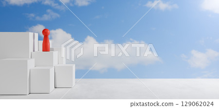 Red doll figure stands on stacked white boxes under blue sky, symbolizing leadership, success, personal growth, and overcoming business challenges. 129062024