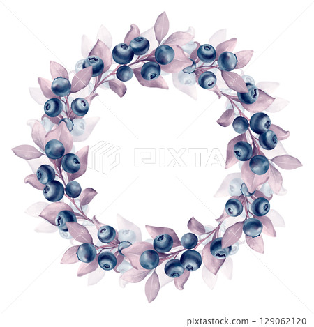 Hand-drawn illustration of a charming wreath with blueberries and delicate leaves in soft violet hues Hand-drawn illustration of a charming wreath with blueberries and delicate leaves in soft violet hues 129062120