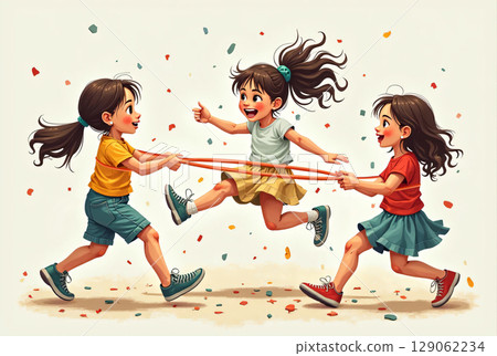 An entertaining game for girls in the yard. When there were no telephones, children entertained themselves like this: girls jumped through rubber bands. 129062234