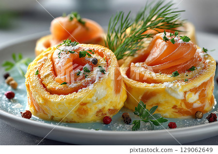 Healthy breakfast. High-protein breakfast. Breakfasts served in hotels. Breakfast sushi: scrambled eggs and smoked salmon rolls. Viral food trend. 129062649