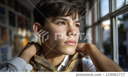 Young male student adjusting tie gazing thoughtfully out of classroom window with natural light Young male student adjusting tie gazing thoughtfully out of classroom window with natural light 129062717