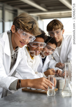 Group of diverse boys in lab coats conducting science experiments in a bright classroom Group of diverse boys in lab coats conducting science experiments in a bright classroom 129062718