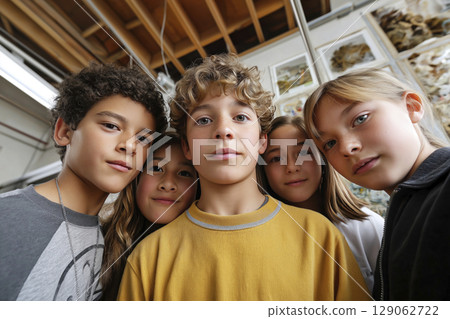 Group of diverse children smiling together in a classroom setting with educational materials around Group of diverse children smiling together in a classroom setting with educational materials around 129062722