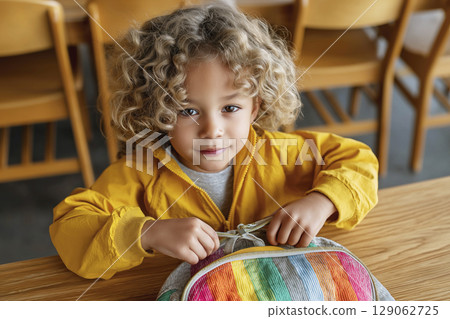 Young girl with curly hair in yellow jacket opening colorful backpack at school desk Young girl with curly hair in yellow jacket opening colorful backpack at school desk 129062725