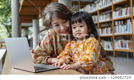 Grandmother and granddaughter enjoying learning together at a library with laptop and books 129062729