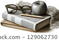 Still life composition featuring books, glasses, apple, and pencil on textured fabric background 129062730