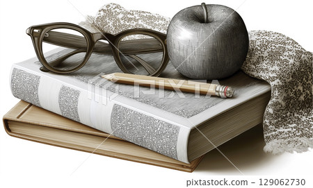 Still life composition featuring books, glasses, apple, and pencil on textured fabric background 129062730