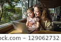 Mother and daughter enjoying quality time together while using a laptop in a bright, modern space 129062732