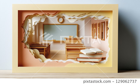 Classroom interior with wooden desks, chalkboard, and open books in a creative paper cut design 129062737