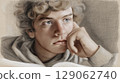 Pencil drawing of young boy with curly hair thoughtfully reading a book in a cozy study environment 129062740