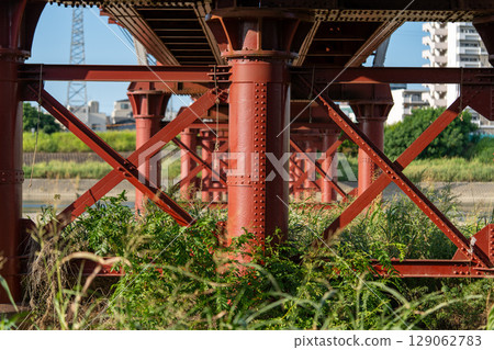 The striking contrast between the red iron bridge's powerful structural beauty and the cityscape 129062783